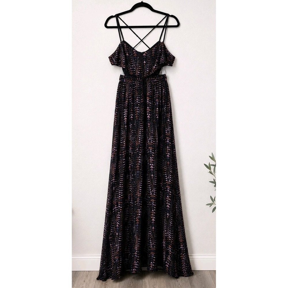 Écoté Maxi Dress Women's Size 6 Black Boho Off Shoulder Open Back Rayon Festiva